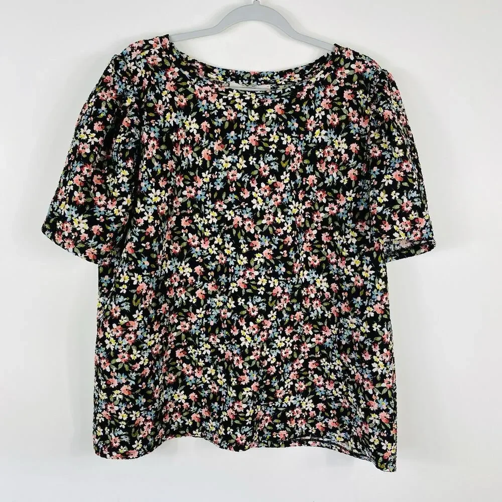 Ann Taylor LOFT Top 16 18 Black Floral Puff Sleeve Tee